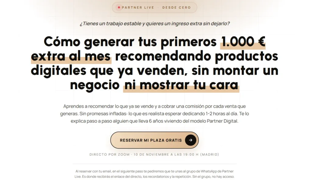 Landing page del evento Partner Life