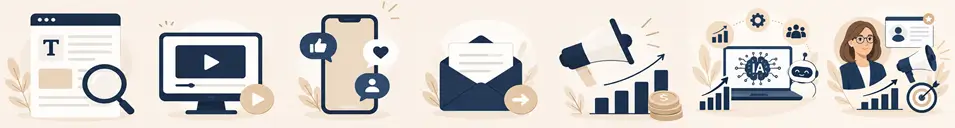 Tira de imágenes sobre diferentes estrategias del marketing de afiliación: Blog y SEO, youtube, RRSS, email marketing, publicidad de pago, IA en marketing y marca personal 