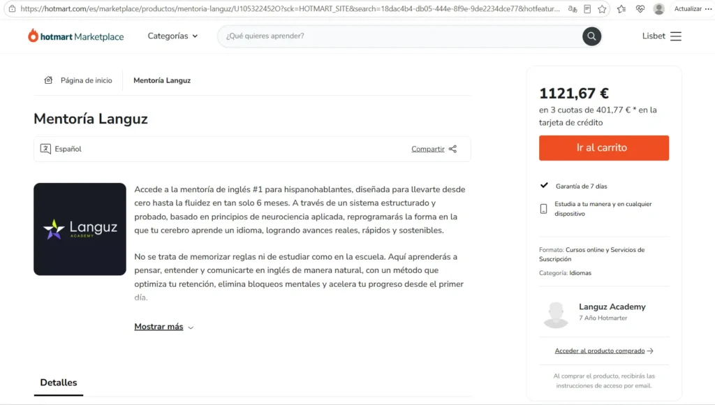 Captura de pantalla en Hotmart