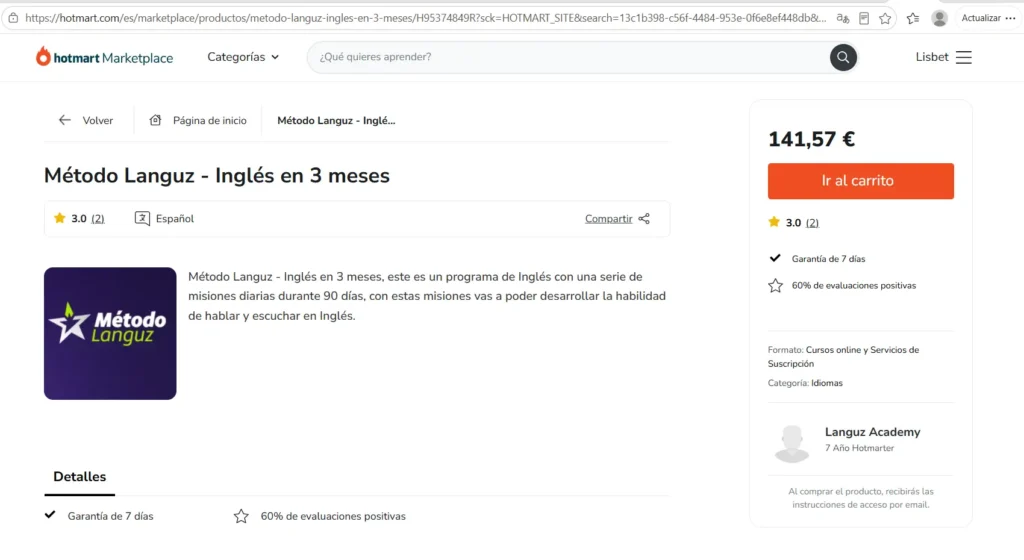 Captura de pantalla en Hotmart