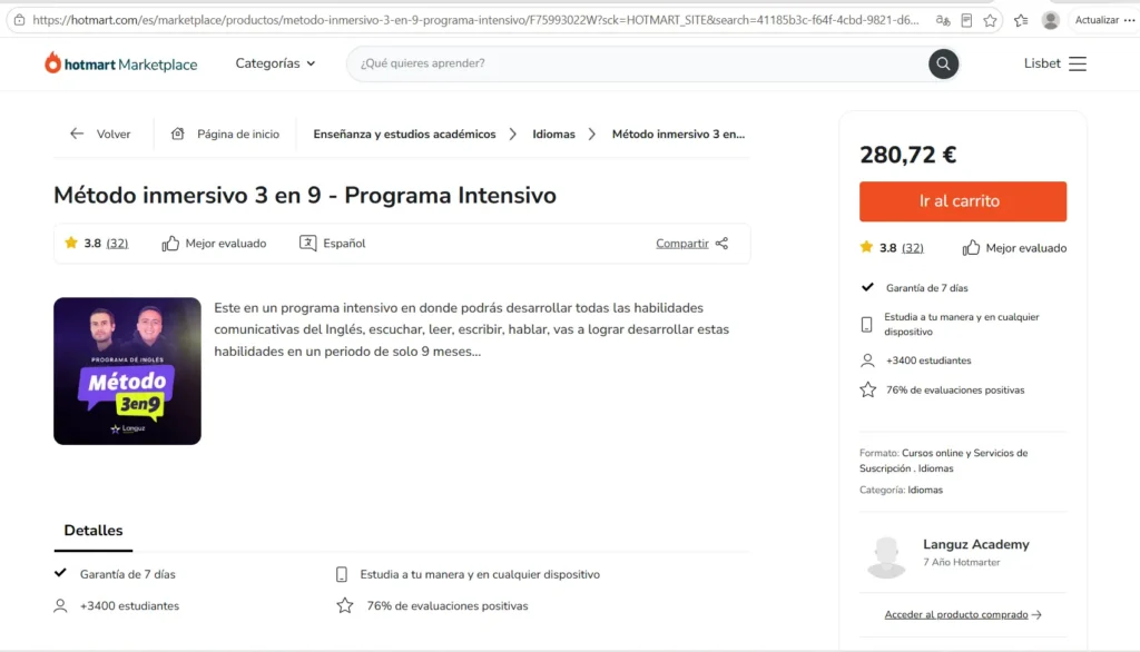 Captura de pantalla en Hotmart