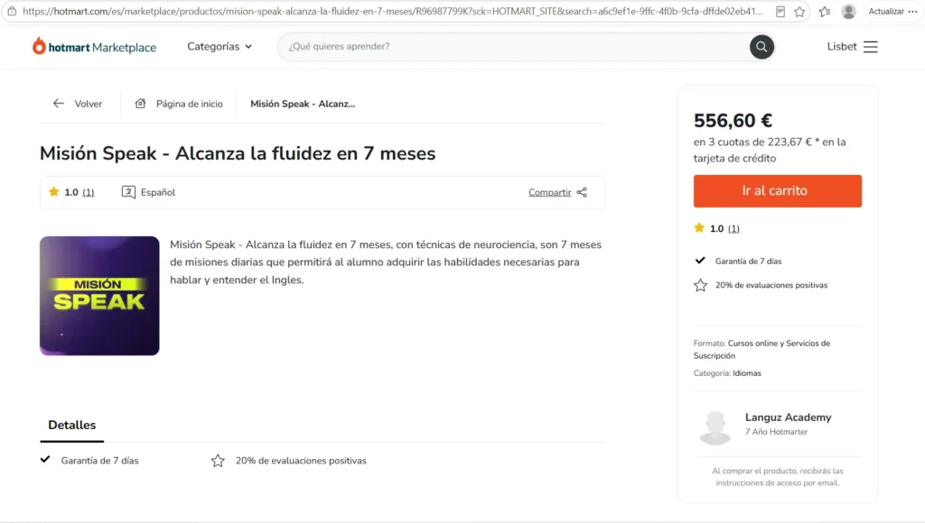 Captura de pantalla en Hotmart
