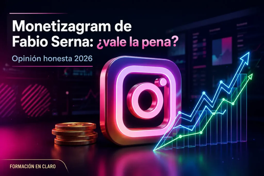 Opiniones Monetizagram de Fabio Serna - reseña completa 2026. Logo de Instagram con monedas y gráfica de crecimiento