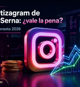 Opiniones Monetizagram de Fabio Serna - reseña completa 2026. Logo de Instagram con monedas y gráfica de crecimiento