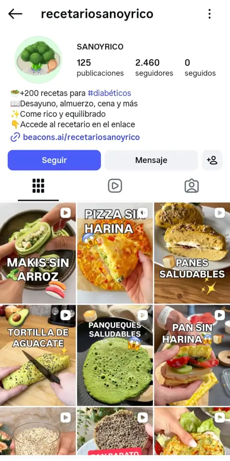 Ejemplo de cuenta anónima de Instagram para afiliación usando el modelo de Monetizagram: cuenta de nicho sobre recetas saludables para diabéticos