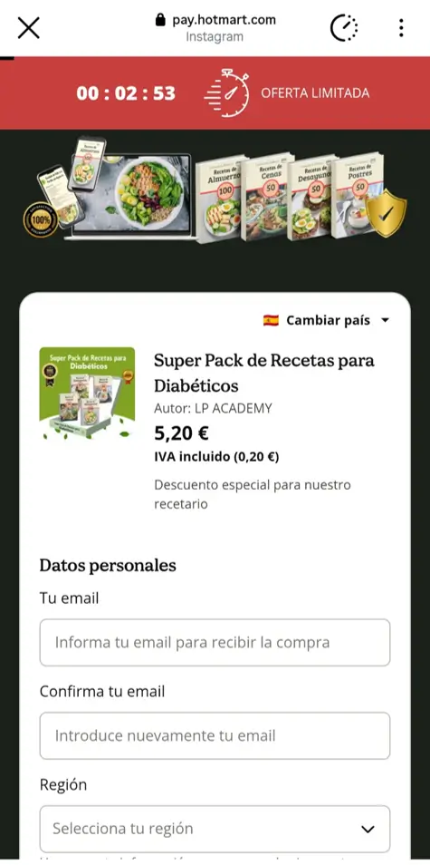 Ejemplo de cuenta anónima de Instagram para afiliación usando el modelo de Monetizagram: checkout final en Hotmart