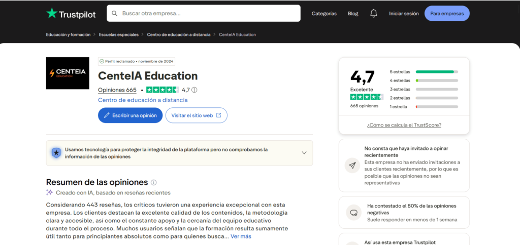 Perfil de CenteIA Education en Trustpilot que muestra 665 opiniones y evaluación global de 4,7